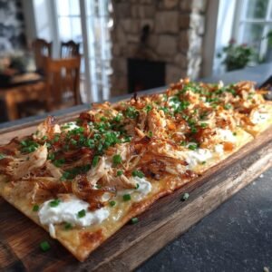 Herzhafter Hähnchen-Flammkuchen mit karamellisierten Zwiebeln