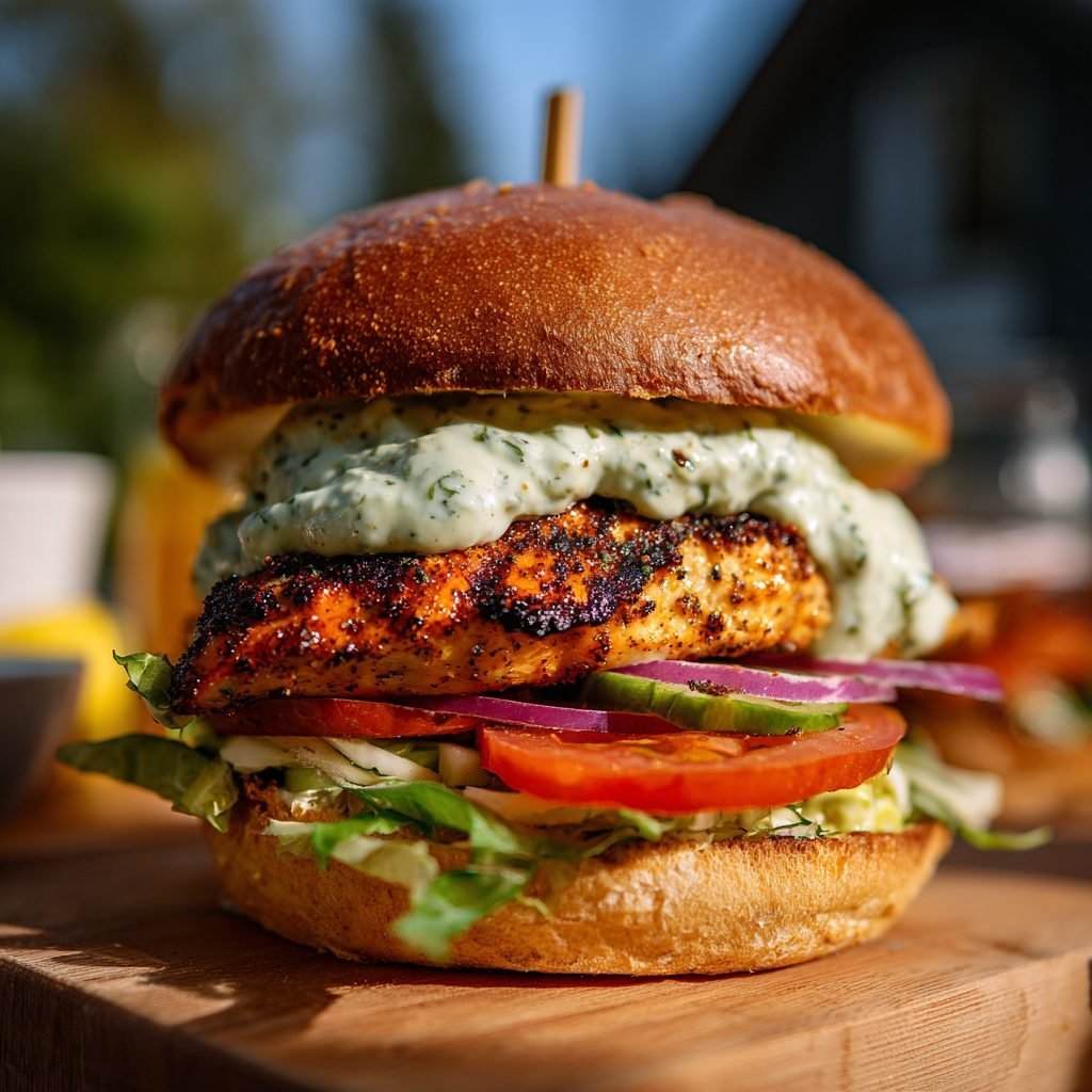 Himmelfahrts-Burger mit gegrilltem Hähnchen und Avocado-Creme