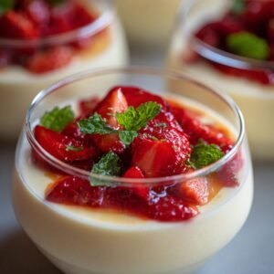 Holunderblüten-Panna Cotta mit frischen Erdbeeren und Minze
