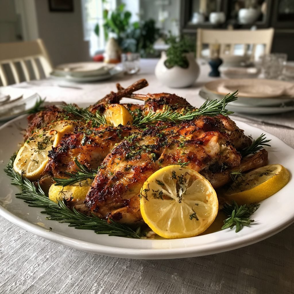 Im Ganzen gebratenes Kaninchen mit mediterranen Kräutern und Zitrone