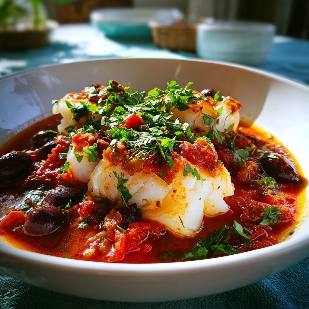 Kabeljau in Tomaten-Oliven-Soße mit frischen Kräutern