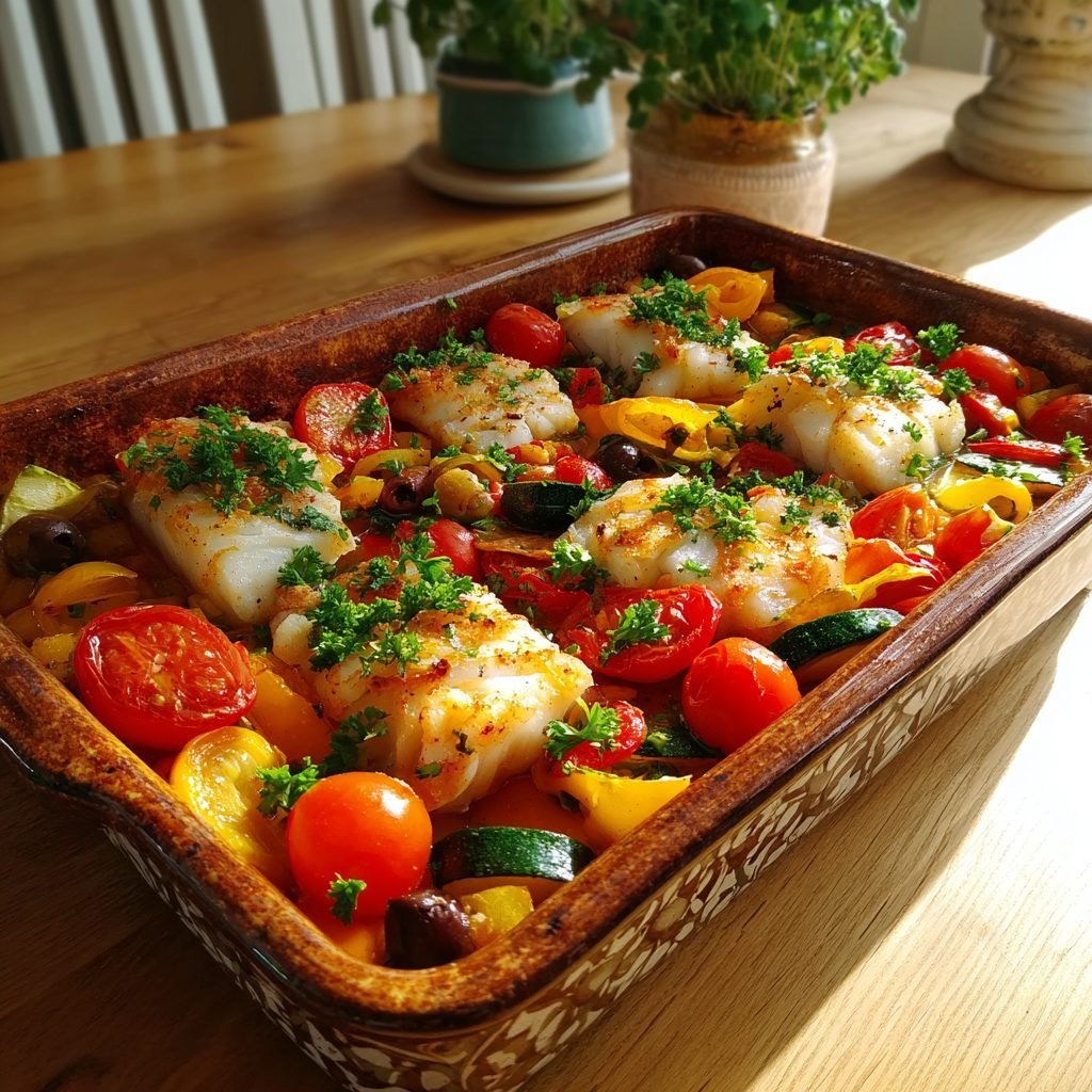 Kabeljaufilet mit mediterranem Gemüse aus dem Ofen