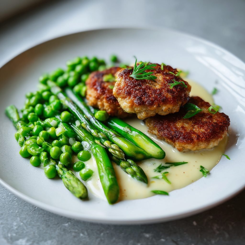 Kalbsfrikadellen mit Spargel-Erbsen-Gemüse und leichter Zitronensoße