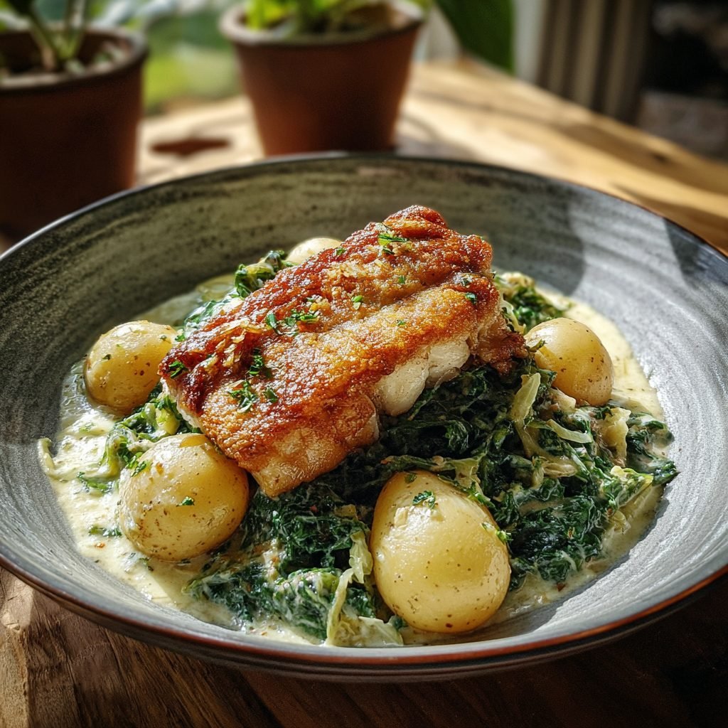 Karpfenfilet auf Rahmwirsing mit Salzkartoffeln