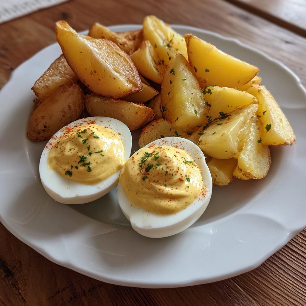 Klassische Senfeier mit Kartoffeln
