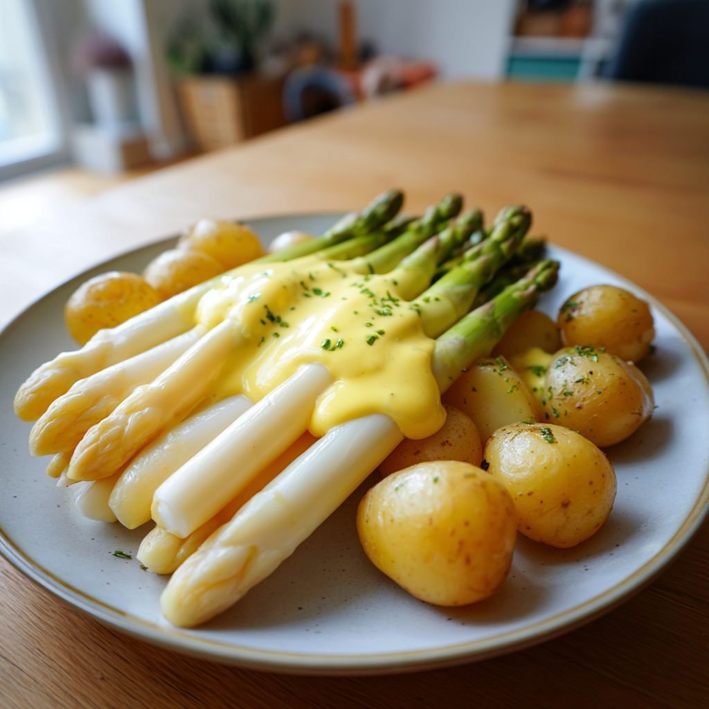 Klassischer Spargel mit Neuen Kartoffeln und veganer Sauce Hollandaise