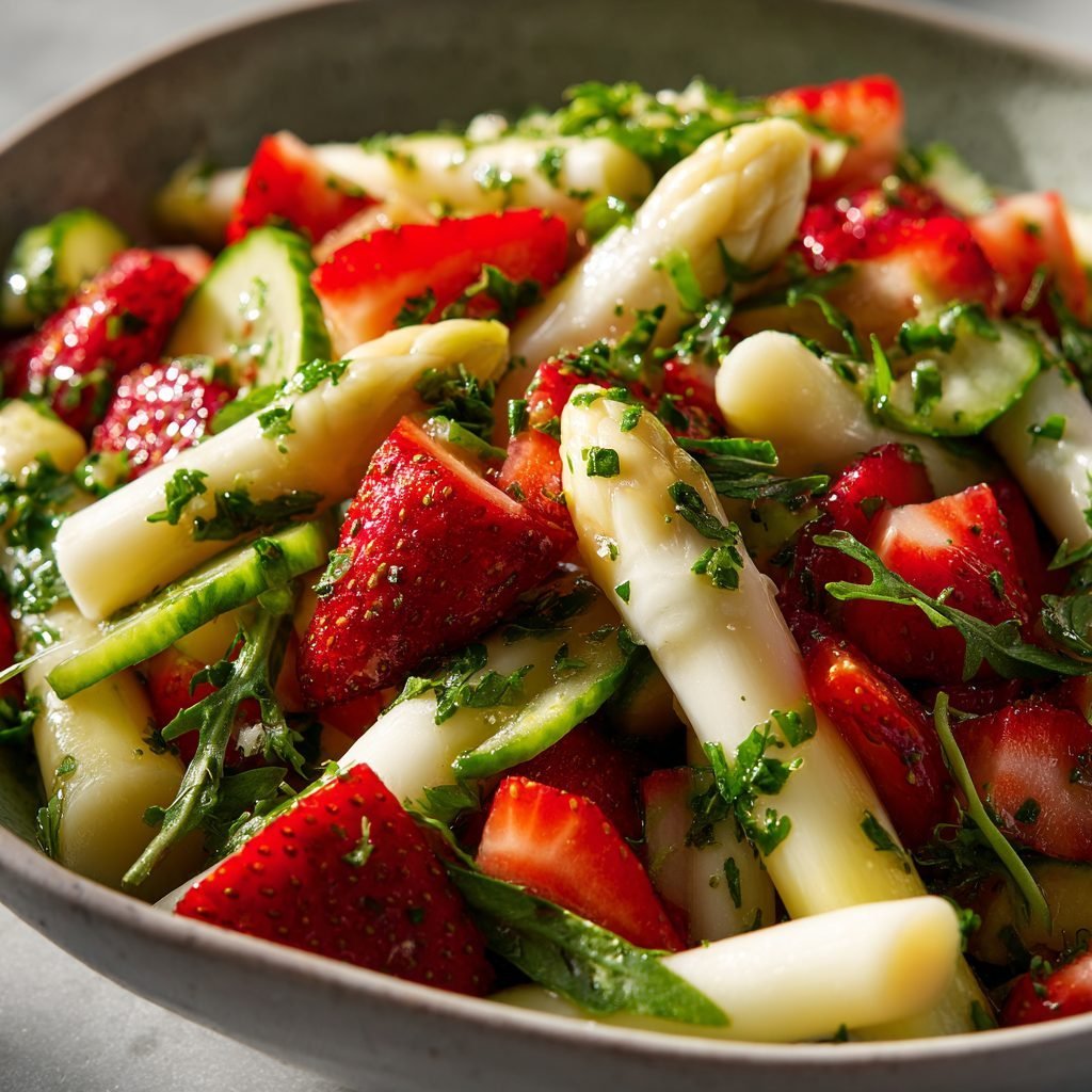 Klassischer Spargelsalat mit Erdbeeren und Kräuter-Vinaigrette