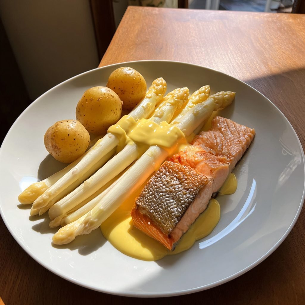 Klassischer Stangenspargel mit Lachs und Zitronen-Hollandaise