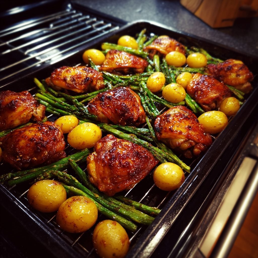 Knusprige Maishähnchenschenkel aus dem Ofen mit grünem Spargel und jungen Kartoffeln