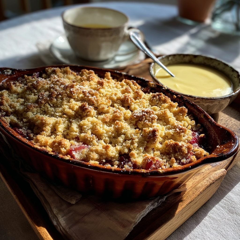 Knuspriger Rhabarber Crumble mit hausgemachter Vanillesauce