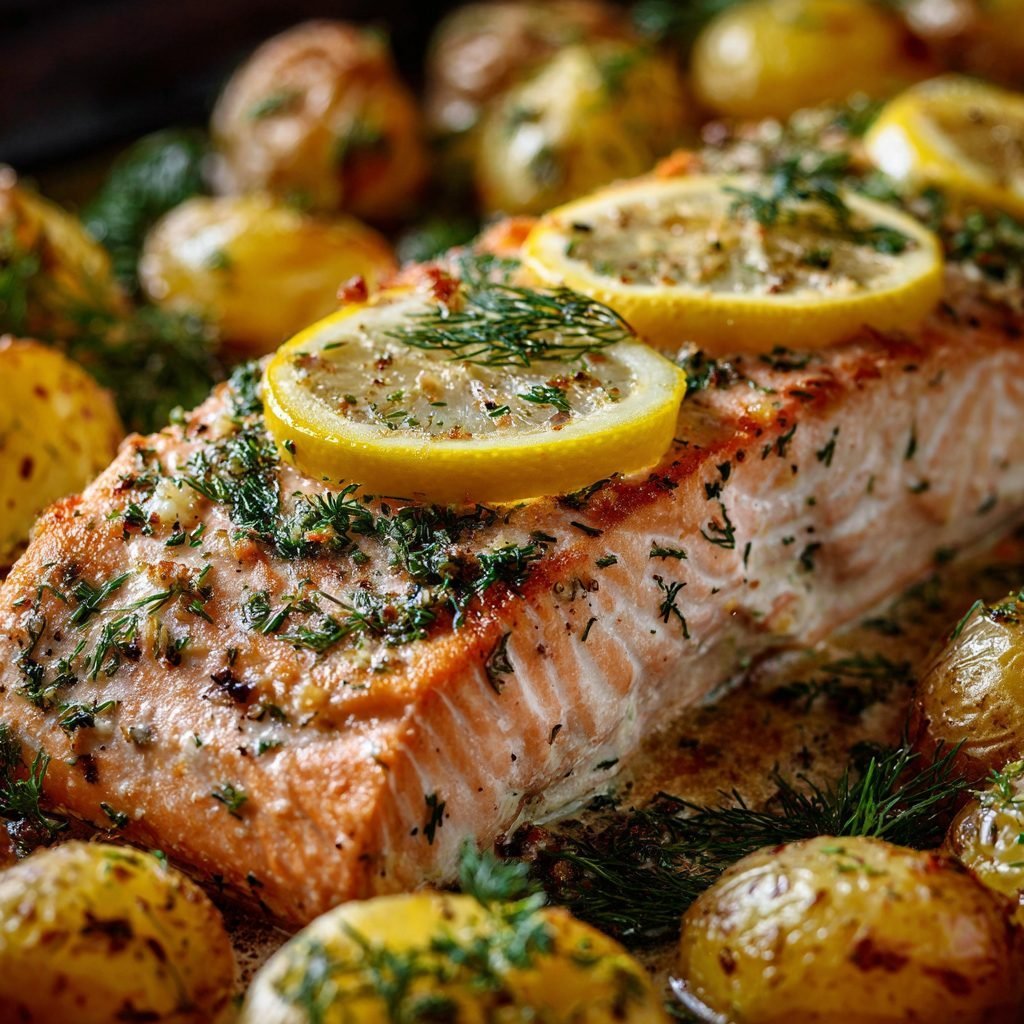Lachsfilet auf Kräuterbett mit Dillkartoffeln