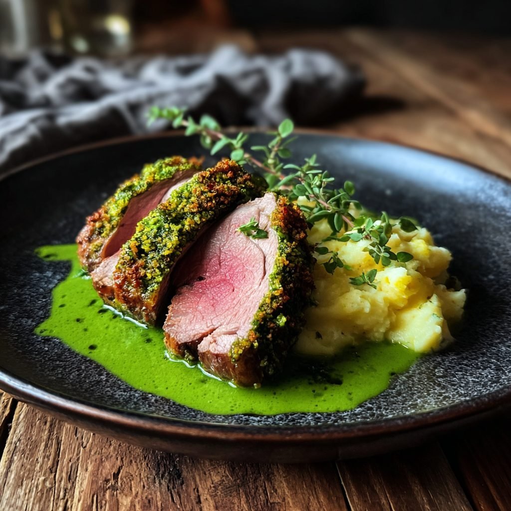Lammfilet mit Bärlauch-Kruste und cremigem Kartoffel-Erbsen-Püree