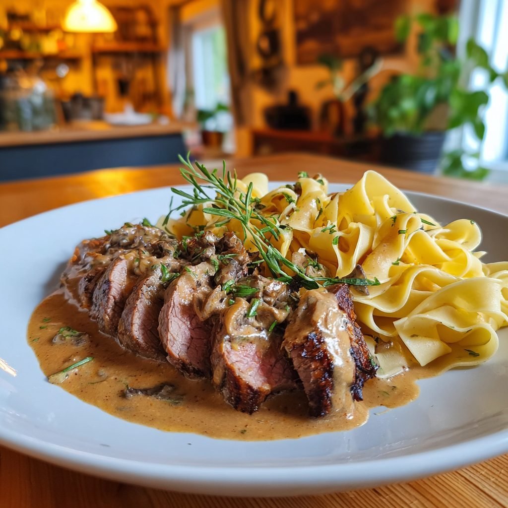 Lammfilet mit Morchel-Rahmsauce und breiten Bandnudeln