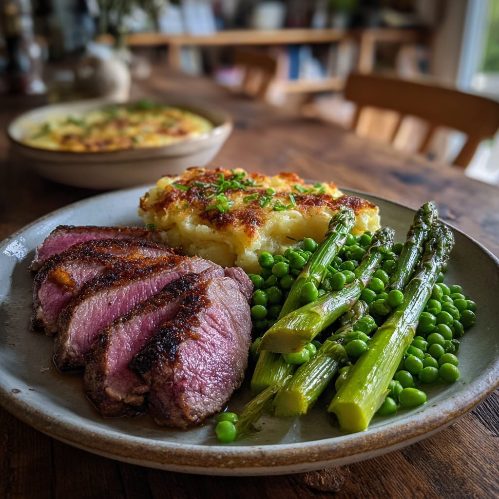 Lammfilet mit Spargel-Erbsen-Gemüse und Kartoffelgratin