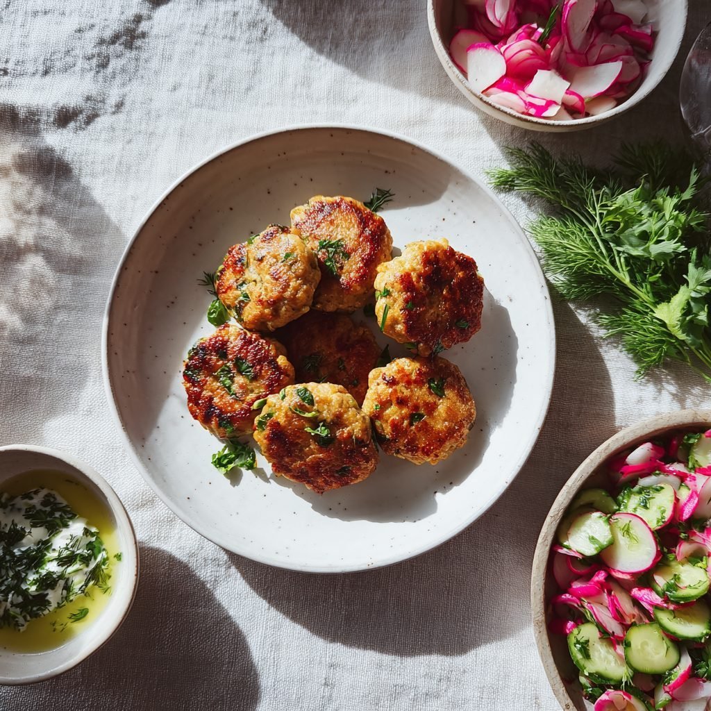 Lammfrikadellen mit Kräuter-Dip und Radieschensalat