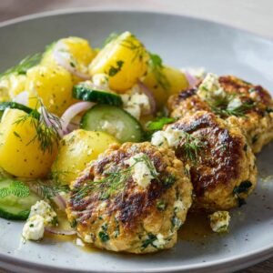 Lammfrikadellen mit Kräutern und Feta, dazu Kartoffel-Gurken-Salat