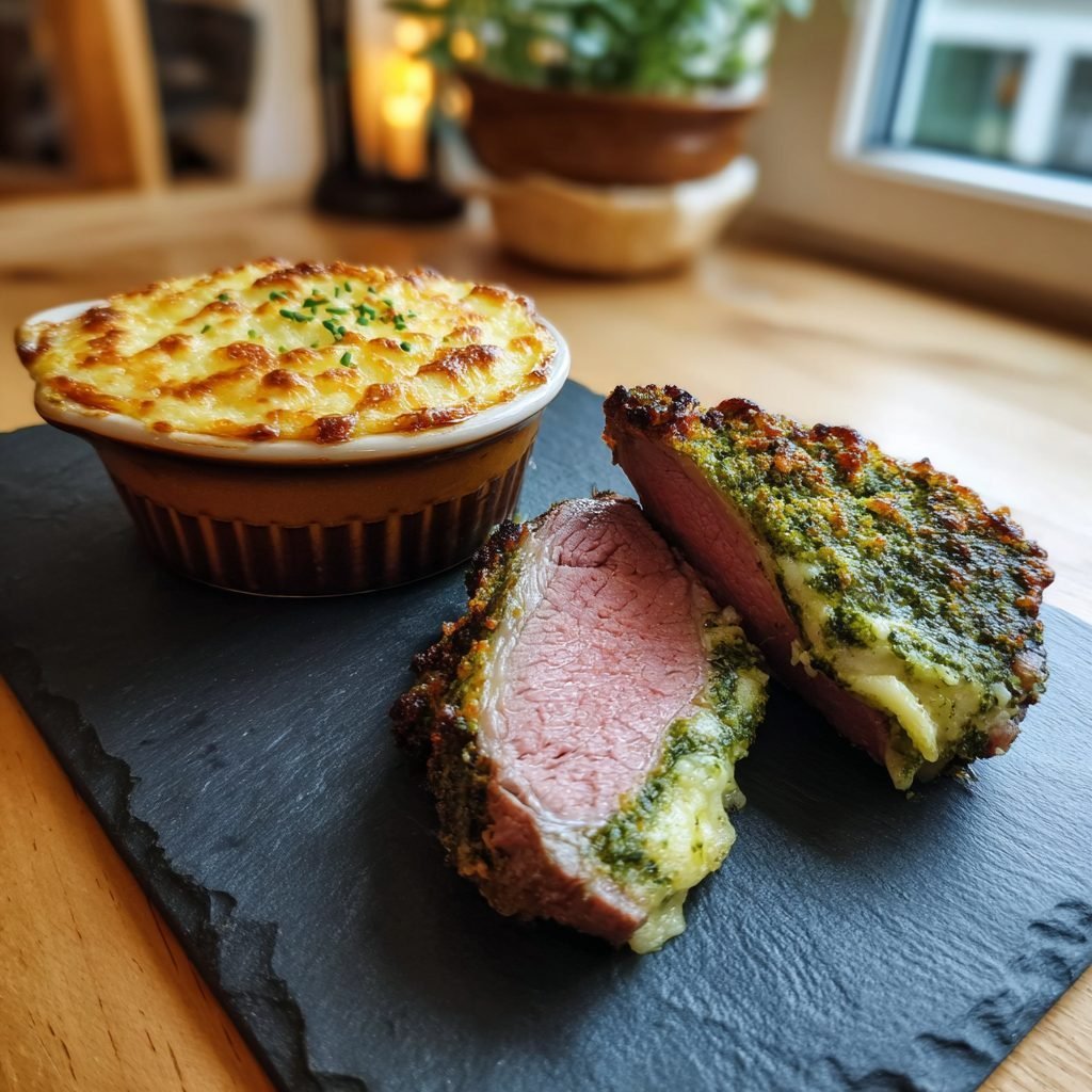 Lammkarree mit Bärlauch-Kruste und cremigem Kartoffelgratin