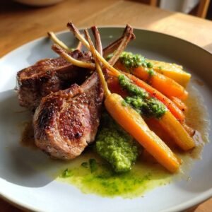 Lammkarree mit Erbsen-Minz-Püree und glasierten Karotten