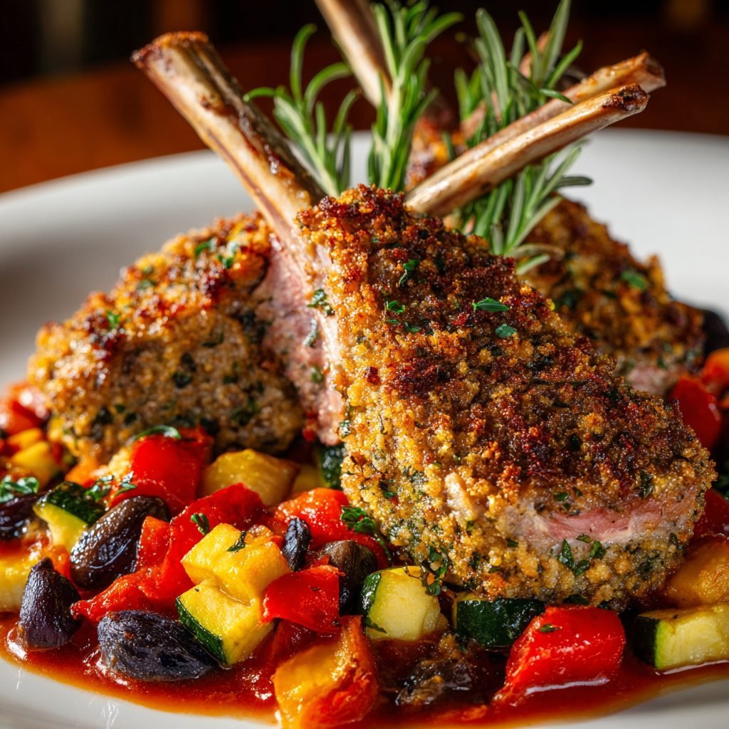 Lammkarree mit Kräuter-Oliven-Kruste und Ratatouille-Gemüse