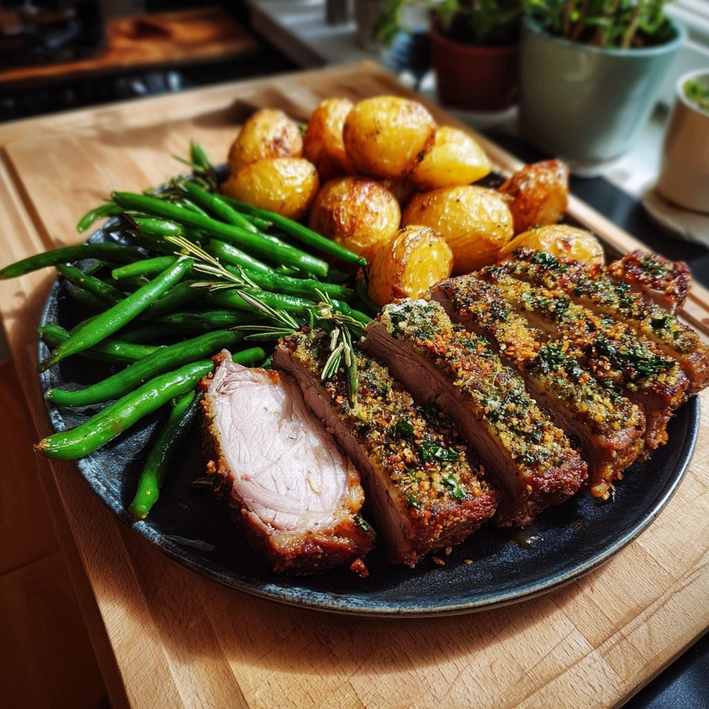 Lammkarree mit Kräuterkruste, grüne Bohnen und Rosmarinkartoffeln
