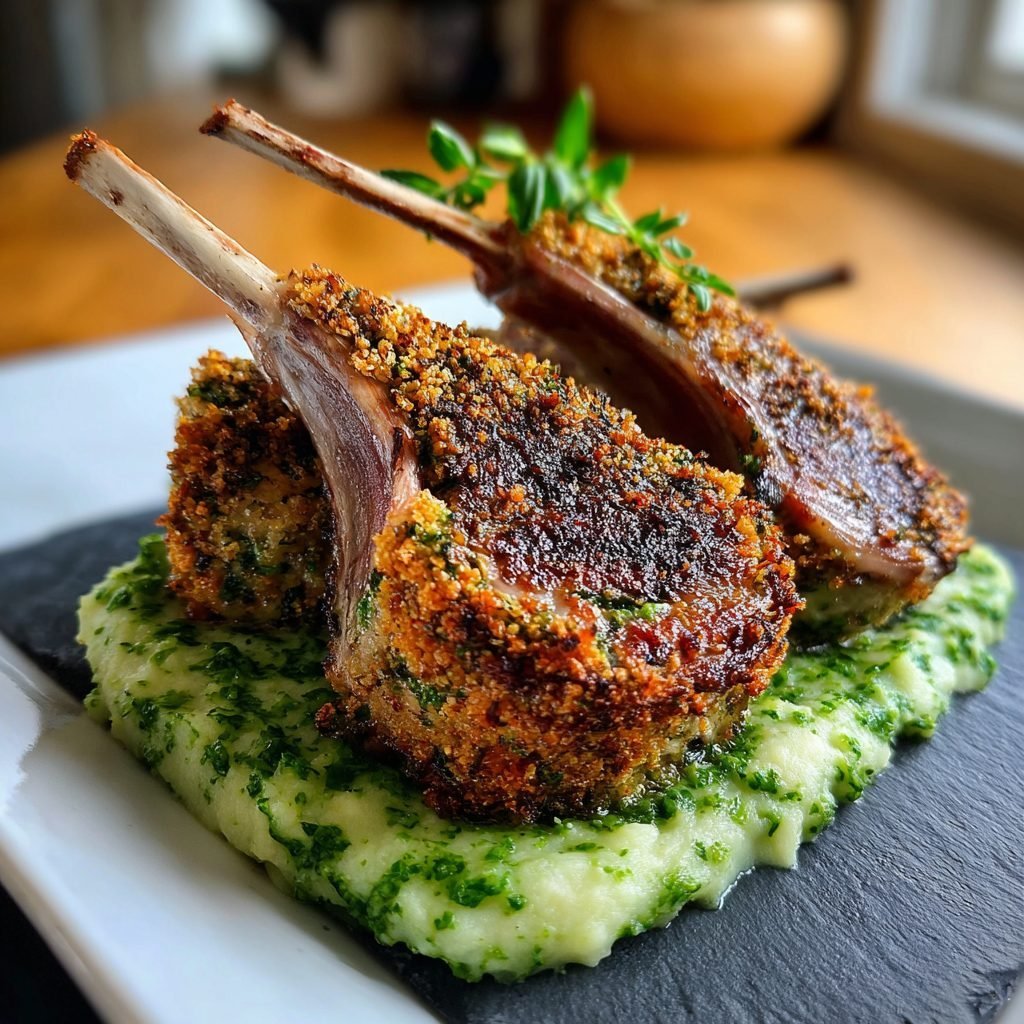 Lammkarree mit Kräuterkruste und Bärlauch-Kartoffelpüree