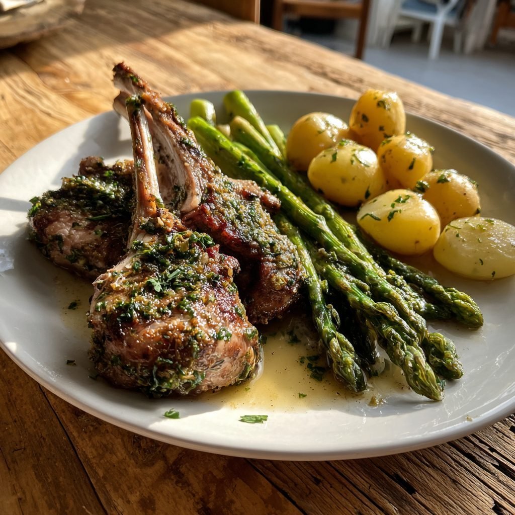 Lammkarree mit Kräuterkruste und grünem Spargel