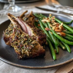 Lammkarree mit Kräuterkruste und grünen Bohnen mit Mandeln