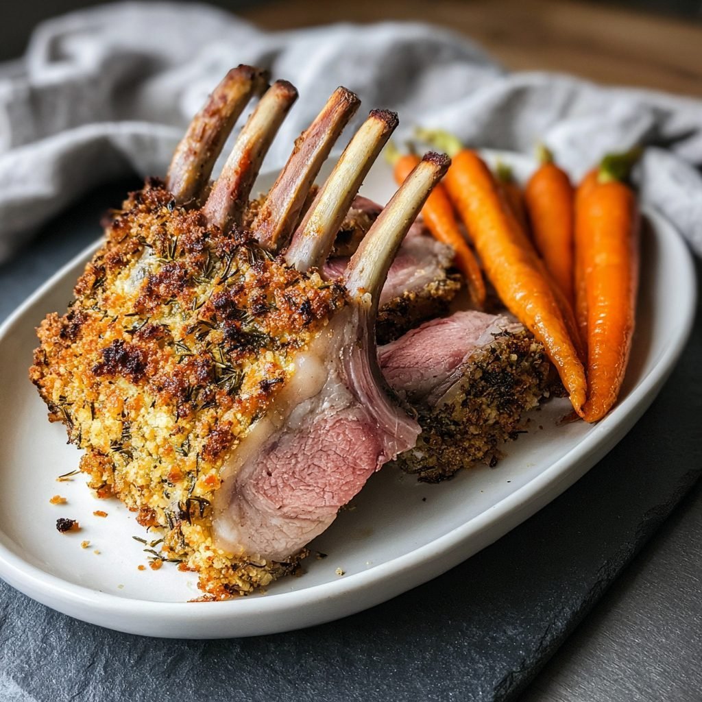 Lammkarree mit Kräuterkruste und jungen Karotten