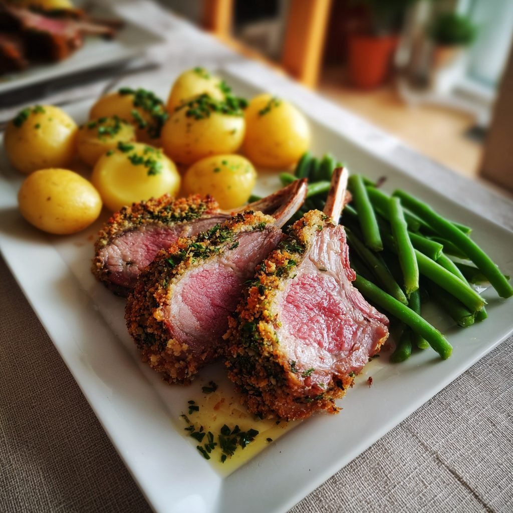 Lammkarree mit Kräuterkruste und jungen Kartoffeln & Bohnengemüse