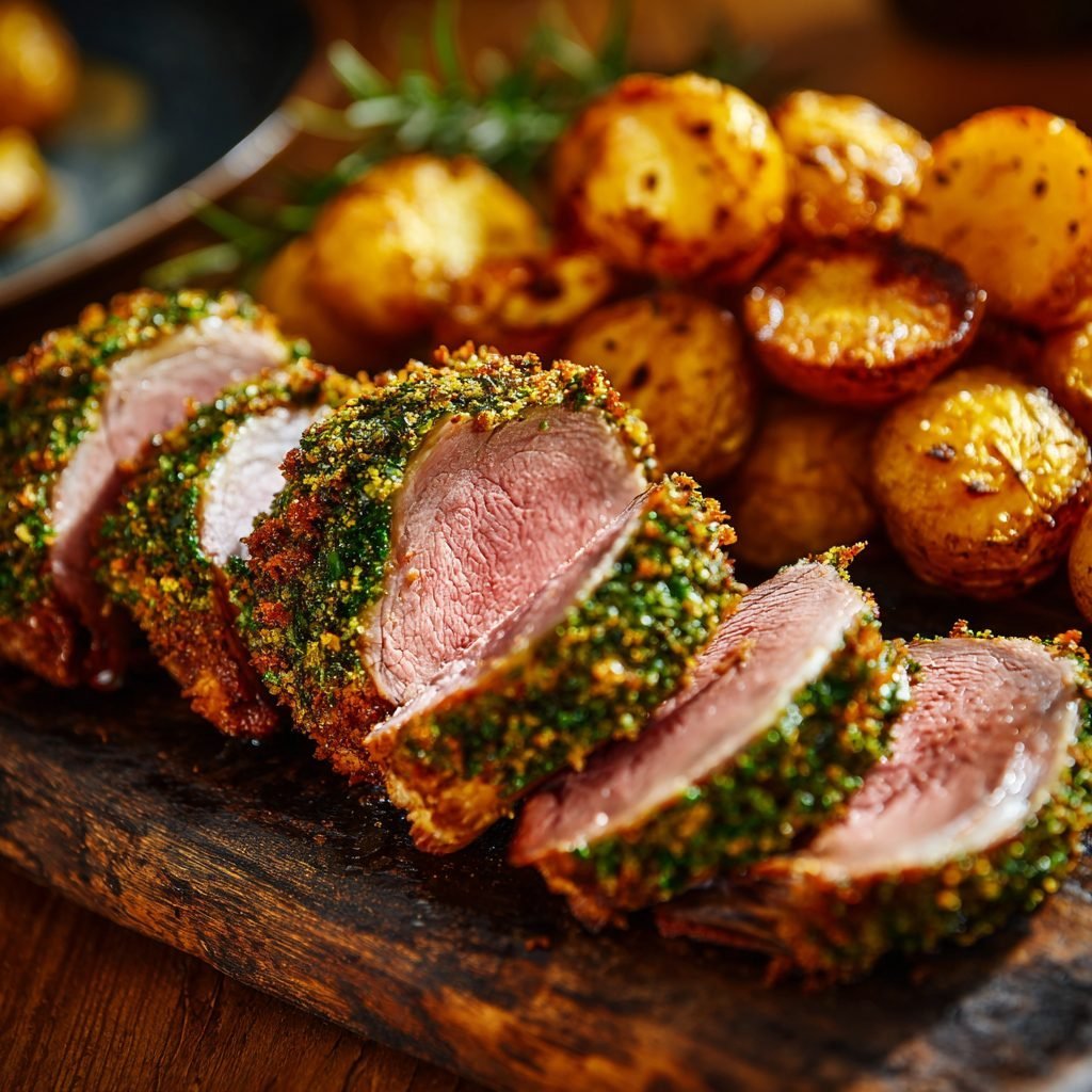 Lammkarree mit Kräuterkruste und Rosmarinkartoffeln