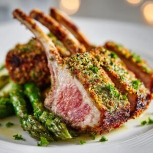 Lammkarree mit Kräuterkruste und Spargel-Minz-Salsa