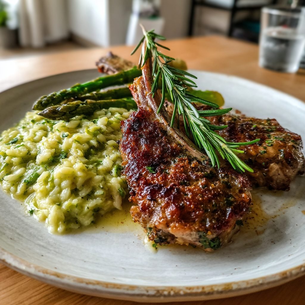 Lammkarree mit Kräuterkruste und Spargel-Risotto