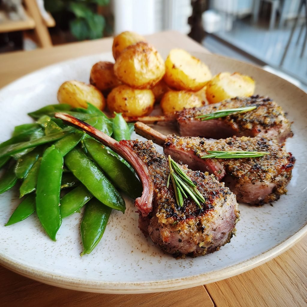 Lammkarree mit Kräuterkruste, Zuckerschoten und Rosmarinkartoffeln
