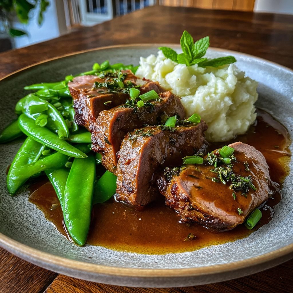 Lammkeule (ohne Knochen) in Kräuter-Senf-Marinade mit glasierten Zuckerschoten und Minz-Kartoffelstampf