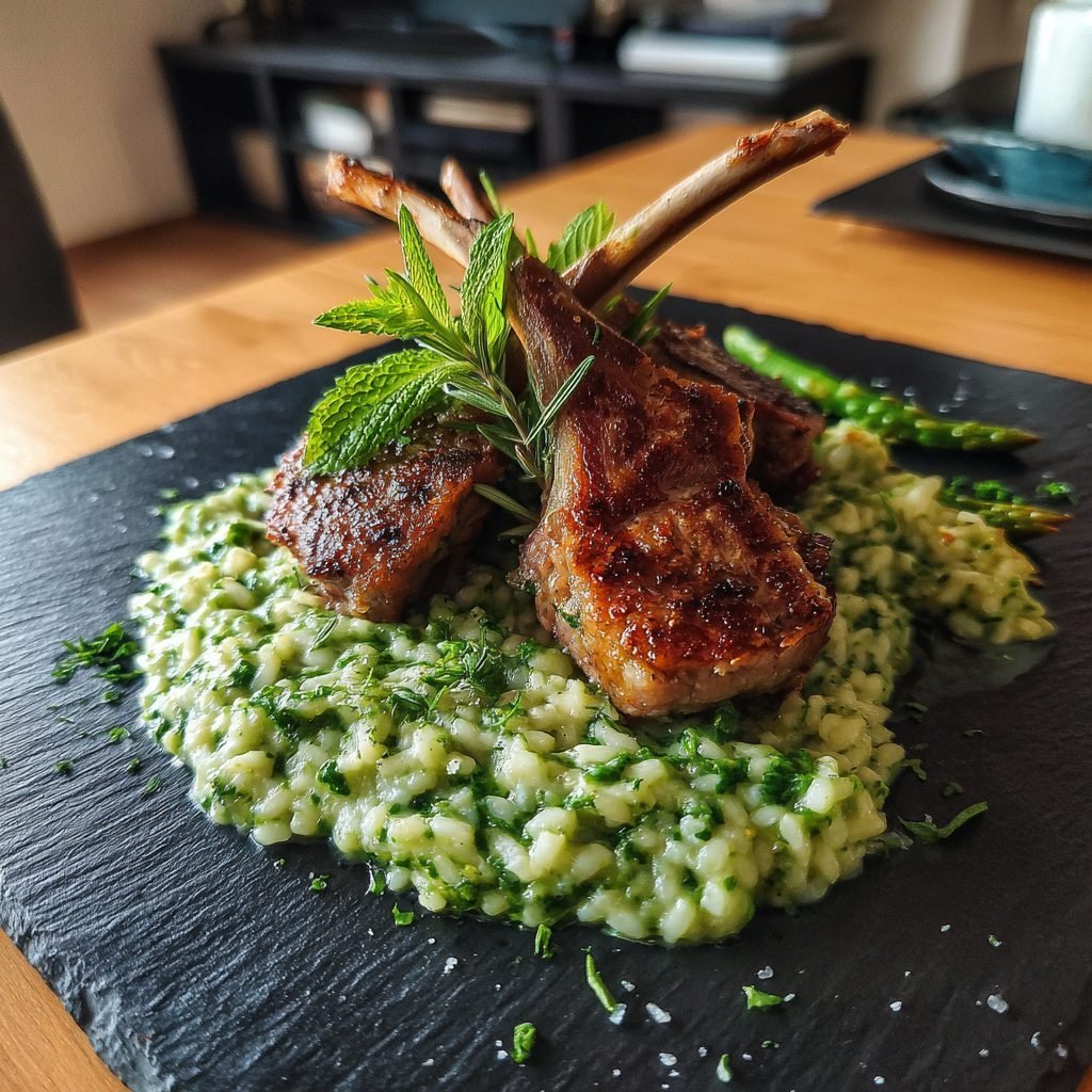 Lammkoteletts mit Bärlauchrisotto und Zuckerschoten