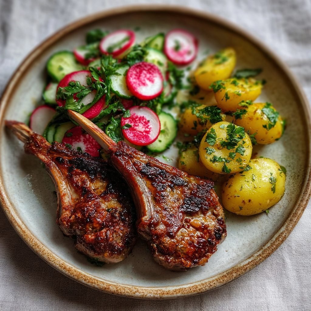 Lammkoteletts mit frischem Radieschensalat und Petersilienkartoffeln