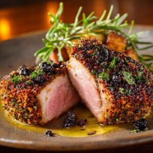 Lammkoteletts mit Kräuter-Olivenkruste und Rosmarinkartoffeln