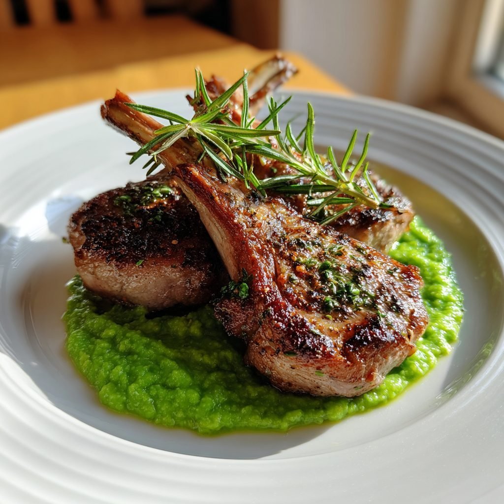 Lammkoteletts mit Kräuter-Zitronen-Marinade und Erbsen-Minz-Püree