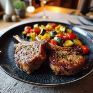 Lammkoteletts mit Kräuter-Zitronen-Marinade und mediterranem Frühlingsgemüse