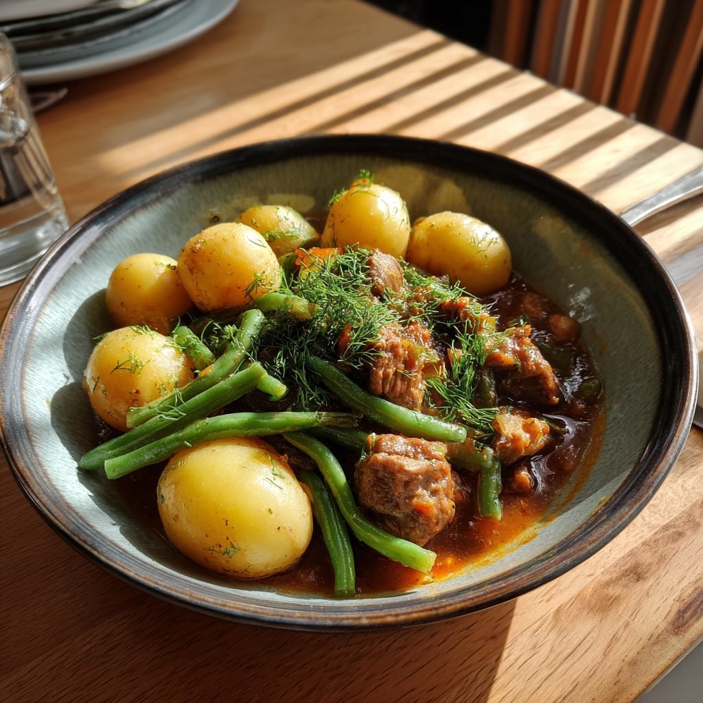 Lammragout mit grünen Bohnen und Dillkartoffeln