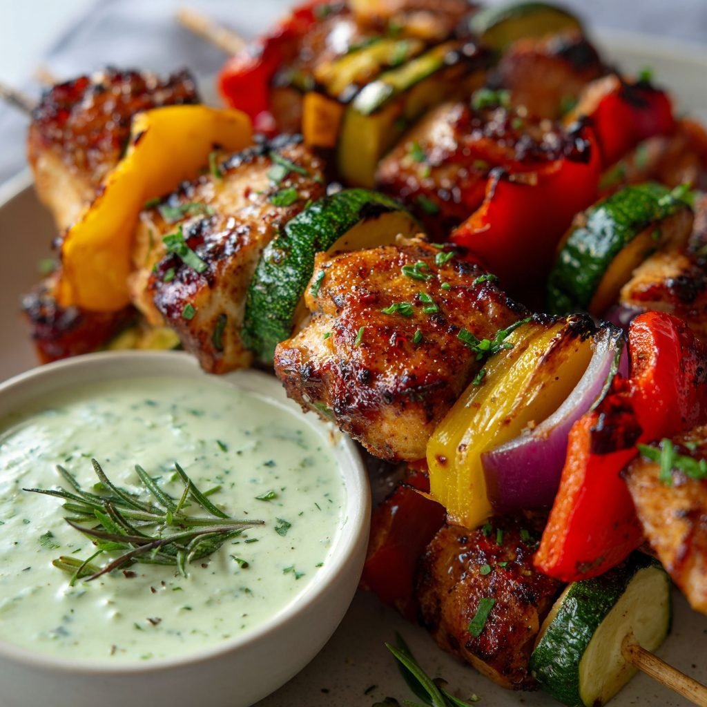 Maifeier-Hähnchen-Spieße mit Kräuter-Joghurt-Dip