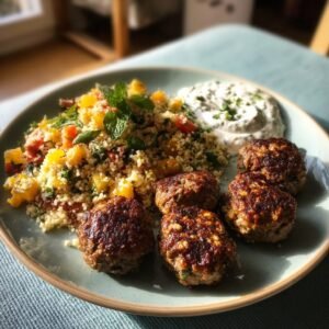 Mediterrane Lamm-Hackbällchen mit Minz-Joghurt und Couscous-Salat