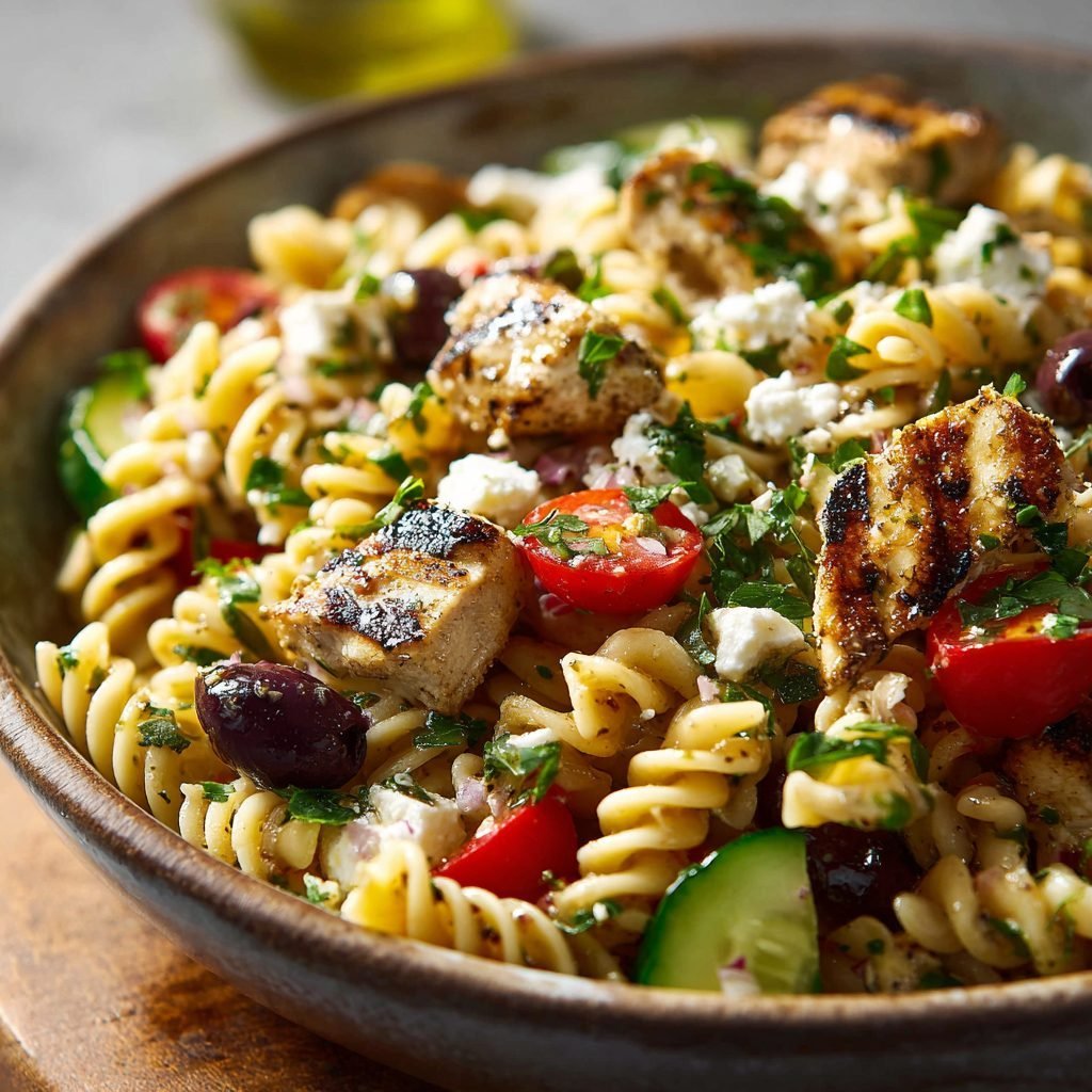 Mediterraner Nudelsalat mit gegrilltem Hähnchen und Feta