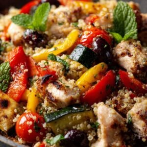 Mediterraner Quinoa-Salat mit gegrilltem Hähnchen und Röstgemüse