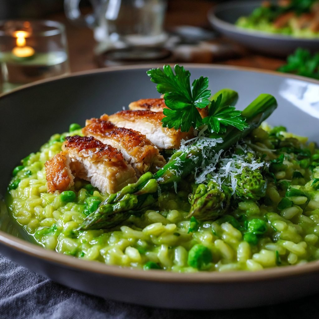 Muttertags-Spargelrisotto mit gebratenem Hähnchenfilet