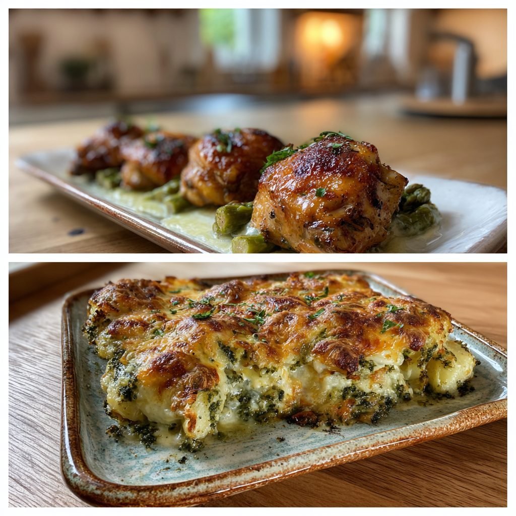 Ofenhähnchen mit Bärlauch-Kräuterfüllung und Spargel-Kartoffel-Gratin