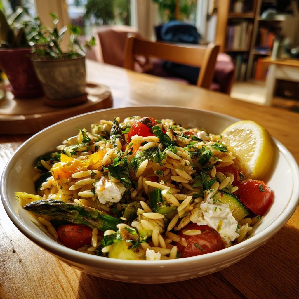 Orzo-Salat mit geröstetem Frühlingsgemüse, Feta und Kräuter-Dressing