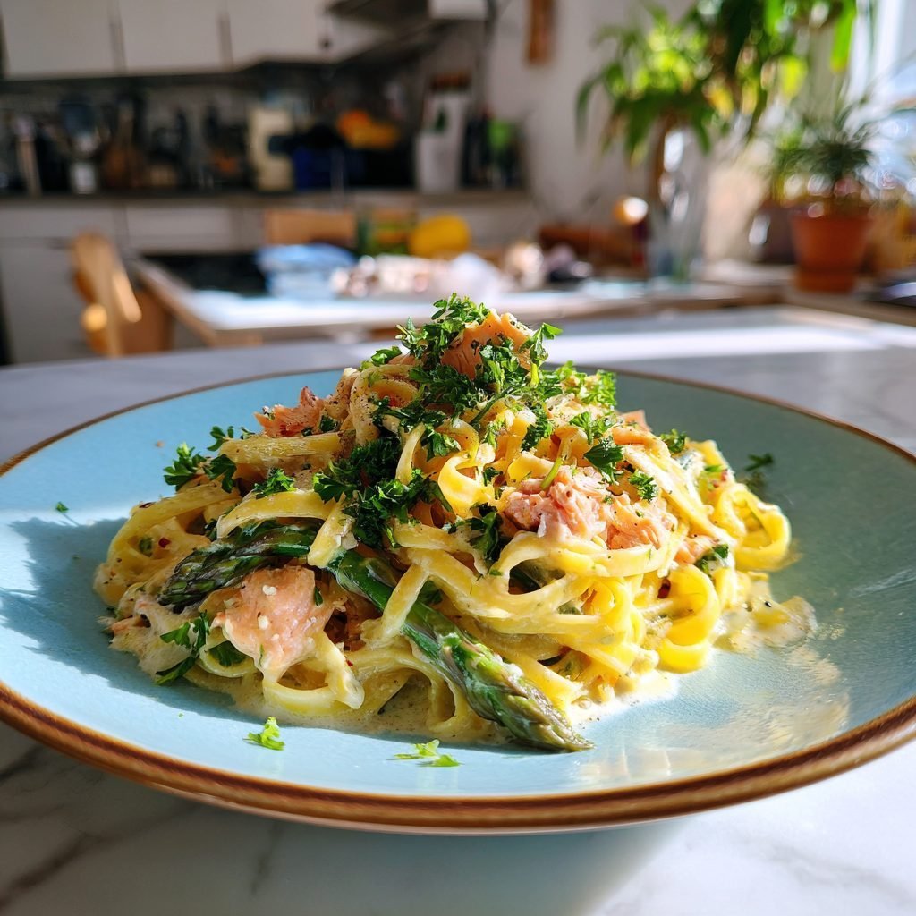 Pasta mit Lachs, Spargel und Zitronensauce