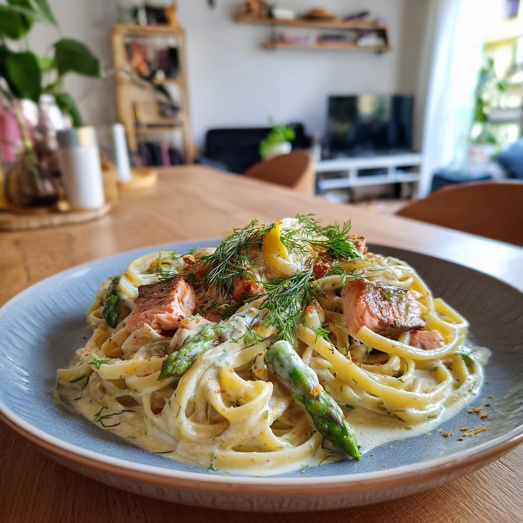 Pasta mit Lachsfilet, grünem Spargel und cremiger Zitronen-Dill-Sauce
