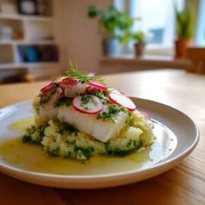 Pochiertes Viktoriabarschfilet auf Kräuter-Kartoffel-Stampf mit Radieschen und Zitronenbutter